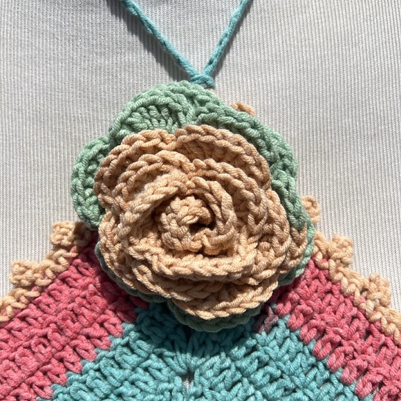 Crochet Halter Top with Floral Accent Handmade - Picture 2 of 5